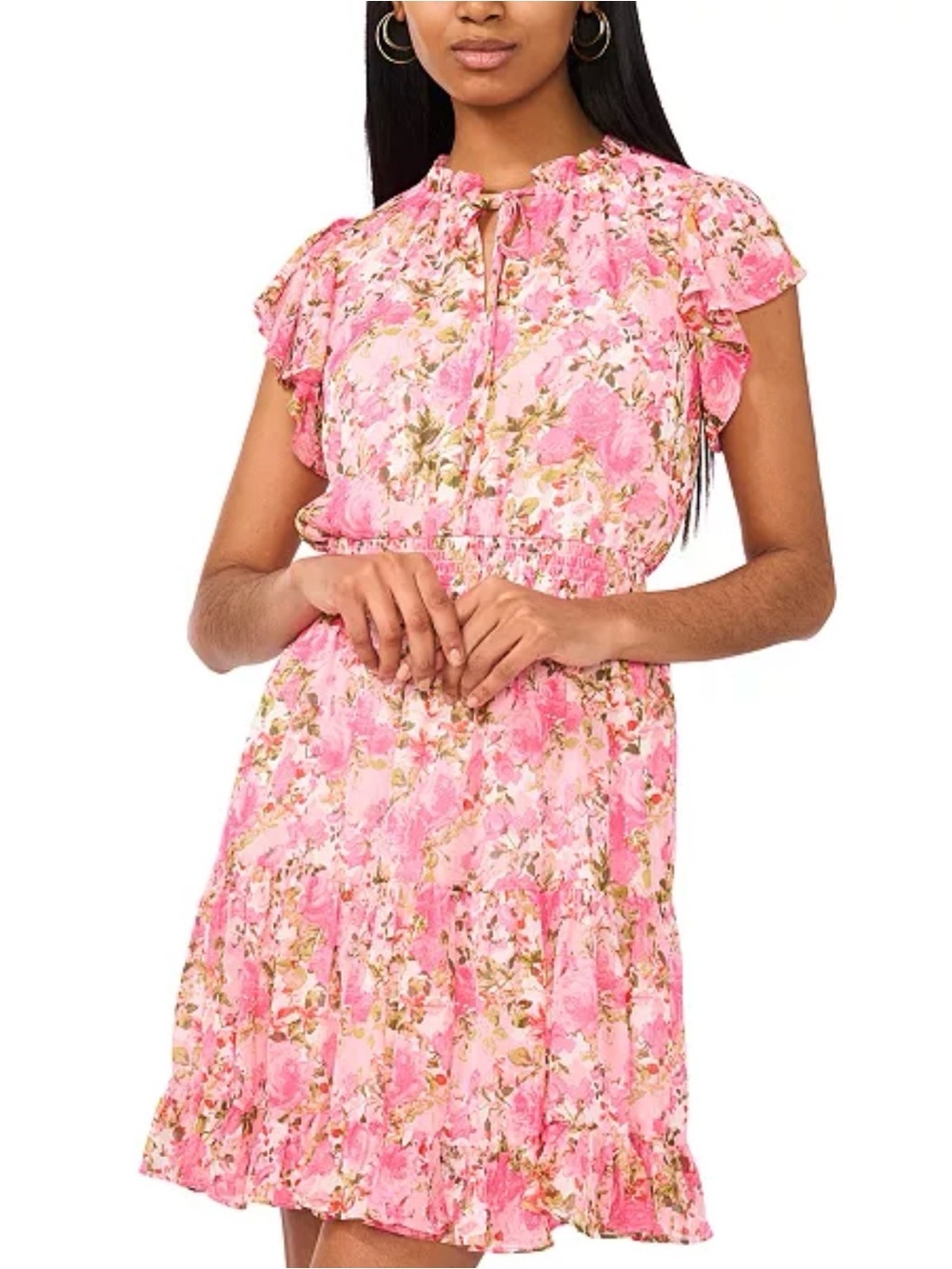 MSK Smocked Waist Tie Crew Neck Dress Pink Floral Ruffle Mini Dress fairycore S - Picture 3 of 12